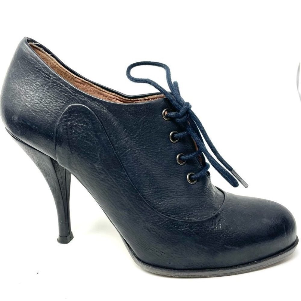 Pura Lopez Black Leather Lace Up Heels Size 38 Made in Spain